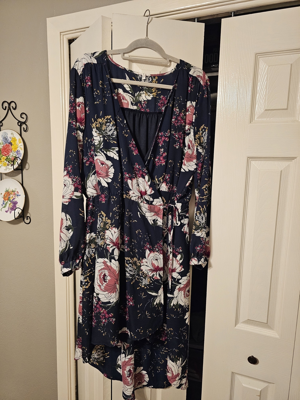 Maurices Navy Floral Wrap Dress with Pink & White Blooms, Size 1 Or 16w/18w